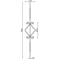 Barreau forgé à chaud torsadé avec une volute. Carré de 12mm et hauteur de 900mm.