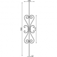 Barreau fer forgé avec décors quatre volutes. Carré de 12mm et hauteur de 900mm x largeur 180 mm. Pour décoration de grilles ,portails,garde corps et rambardes