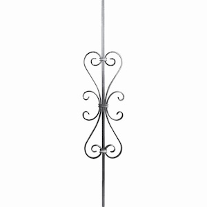 Barreau fer forgé avec décors quatre volutes. Carré de 12mm et hauteur de 900mm x largeur 180 mm. Pour décoration de grilles ,portails,garde corps et rambardes