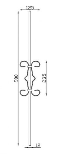 Barreau avec décor central en volute, en fer forgé. Hauteur 900mm Largeur 125mm carré lisse plein de 12mm, volutes en fer plat de 12x6mm, hauteur du motif 235mm. Fixation par soudure. Fourni brut, à peindre ou à vernir pour protéger de la corrosion. Au delà de son rôle sécuritaire, il peut être un élément décoratif dans plusieurs réalisations en fer forgé tel que du mobiliers, divers objets décoratifs, des grilles de défense, des rampes d'escaliers, des portails, des kiosques, des gardes corps.