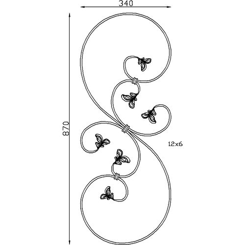  Grande Volute composée de six feuilles de 870mm de haut par 350mm de large.     Avec une section en 12x6mm.     En fer forgé. pour Décoration de rampes, garde corps , portails et grilles 
