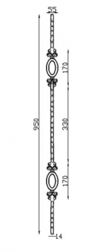 Barreau avec deux ovales, en fer forgé. Hauteur 950mm carré <b>martelé</b> plein de 14mm, largeur 55mm, hauteur d'un ovale 170mm. Fixation par soudure. Fourni brut, à peindre ou à vernir pour protéger de la corrosion. Au delà de son rôle sécuritaire, il peut être un élément décoratif dans plusieurs réalisations en fer forgé tel que du mobiliers, divers objets décoratifs, des grilles de défense, des rampes d'escaliers, des portails, des kiosques, des gardes corps.