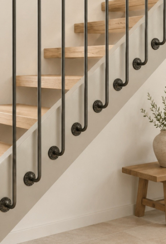 Barreau coudé avec équerre de rampe type rosace intégré pour fixation à l'anglaise par vissage. En fer forgé. Fixation par vissage directement dans le limon de votre escalier. Hauteur 1200mm rond lisse de diamètre 16mm, déport du barreau 50mm. Fixation par vis (non fournis). Fourni brut, à peindre ou à vernir pour protéger de la corrosion. Au delà de son rôle sécuritaire, il peut être un élément décoratif dans plusieurs réalisations en fer forgé tel que du mobiliers, divers objets décoratifs, des grilles de défense, des rampes d'escaliers, des kiosques, des gardes corps.