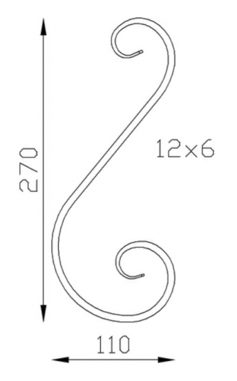 Volute en S inégale queue de carpe. Hauteur 270mm largeur 110mm en fer plat de 12x6mm. Fixation par soudure. Permet de décorer votre fabrication en fer forgé, portail, clôture, pergola, mais également permet de renforcer la sécurité, en diminuant le vide entre barreau, ou d'augmenter le soutien. Fourni brut, à peindre ou à vernir pour protéger contre la corrosion.