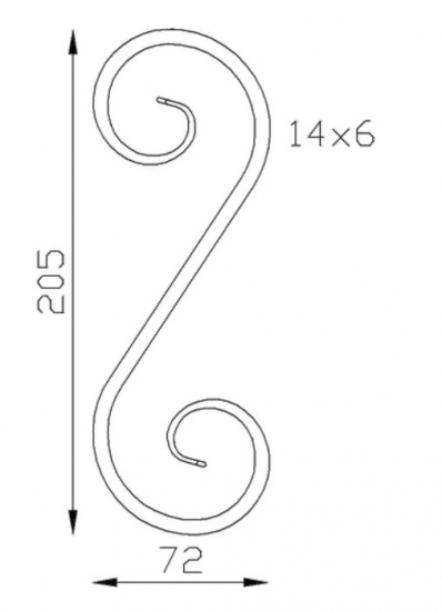 Volute en S queue de carpe. Hauteur 205mm largeur 72mm en fer plat de 14x6mm. Fixation par soudure. Permet de décorer votre fabrication en fer forgé, portail, clôture, pergola, mais également permet de renforcer la sécurité, en diminuant le vide entre barreau, ou d'augmenter le soutien. Fourni brut, à peindre ou à vernir pour protéger contre la corrosion.