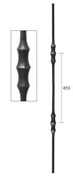 Barreau à souder en fer forgé. Section ronde de ø14mm de diamètre et 1000mm de hauteur. Entraxe des deux motifs de 450mm. En acier lisse. Composé de deux motifs. Ce barreau est la version deux motifs du barreau 1104142.