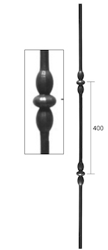 Barreau à souder en fer forgé. Section ronde de ø14mm de diamètre et 1000mm de hauteur. Entraxe des deux motifs de 400mm. En acier lisse. Composé de deux motifs. Ce barreau est la version deux motifs du barreau 1104144.