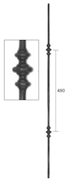 Barreau à souder en fer forgé. Section ronde de ø14mm de diamètre et 1000mm de hauteur. Entraxe des deux motifs de 490mm. En acier lisse. Composé de deux motifs. Ce barreau est la version deux motifs du barreau 1104154.