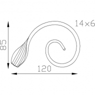 Volute en forme de demi 'C' et avec une finition en queue de carpe de 120mm de haut par 80mm de large. Avec une section en 14x6mm. En fer forgé.