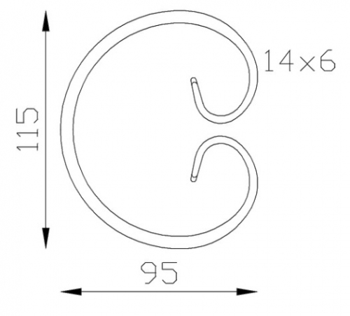 Volute en C fermé finition queue de carpe, en fer forgé. Hauteur 115mm Largeur 95mm section en fer plat de 14x6mm. Fixation par soudure. Permet de décorer votre fabrication en fer forgé, portail, clôture, pergola, mais également permet de renforcer la sécurité, en diminuant le vide entre barreau, ou d'augmenter le soutien. Fourni brut, à peindre ou à vernir pour protéger contre la corrosion. Peut être présentée à l'horizontal ou à la vertical.