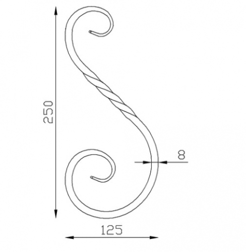 Volute en S inégale, avec une torsade au centre, finition queue de carpe, en fer forgé. Hauteur 250mm largeur 125mm en carré de largeur 8mm. Fixation par soudure. Permet de décorer votre fabrication en fer forgé, portail, clôture, pergola, mais également permet de renforcer la sécurité, en diminuant le vide entre barreau, ou d'augmenter le soutien. Fourni brut, à peindre ou à vernir pour protéger contre la corrosion.