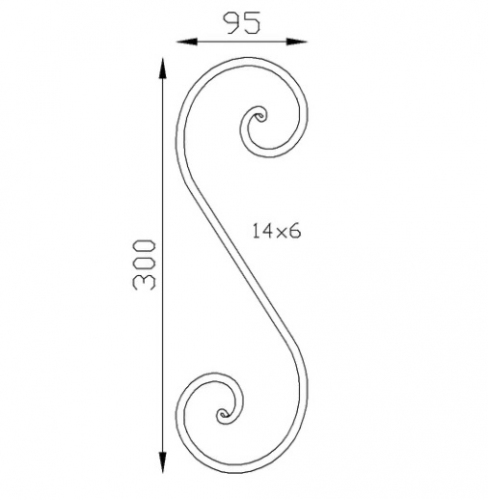 Volute en S finition à noyau, en fer forgé. Hauteur 300mm largeur 100mm profilé en fer plat de 14x6mm. Fixation par soudure. Permet de décorer votre fabrication en fer forgé, portail, clôture, pergola, mais également permet de renforcer la sécurité, en diminuant le vide entre barreau, ou d'augmenter le soutien. Fourni brut, à peindre ou à vernir pour protéger contre la corrosion.