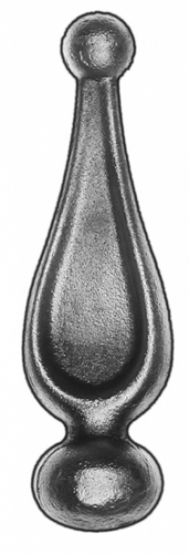 Pointe de lance effet goutte d'eau avec finition boule, en acier moulé. Hauteur 150mm largeur 40mm avec une base ronde pleine de diamètre 33mm. Elément décoratif idéal pour renforcer la sécurité et l'esthétisme de votre portail ou clôture, par exemple. Fixation par soudure. Fournie brut, à peindre ou à vernir avec un produit adapté qui protège contre la corrosion.