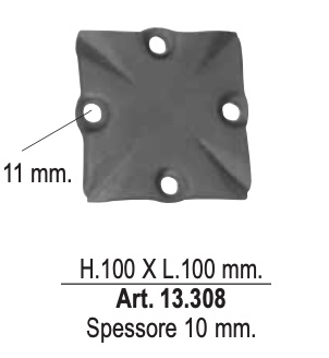 Platine 100X100 mm en fer forgé . A visser avec percage 4 trous diamètre 11 mm . Idéal pour fixation au sol ou à l'anglaise sur tube de 40 à 60mm. Epaisseur 10 mm 