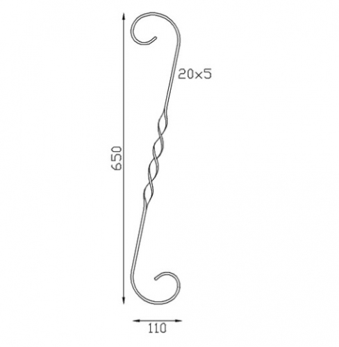 Volute en S, avec une torsade au centre, finition coupe droite, en fer forgé. Hauteur 650mm largeur 110mm en fer plat de 20x5mm. Fixation par soudure. Permet de décorer votre fabrication en fer forgé, portail, clôture, pergola, mais également permet de renforcer la sécurité, en diminuant le vide entre barreau, ou d'augmenter le soutien. Fourni brut, à peindre ou à vernir pour protéger contre la corrosion.