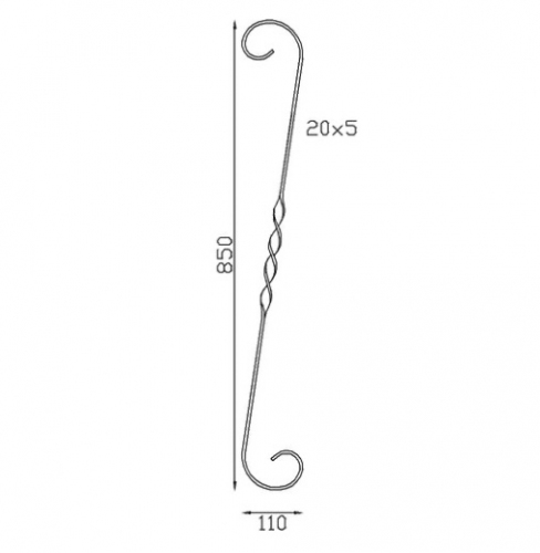 Volute en S, avec une torsade au centre, finition coupe droite, en fer forgé. Hauteur 850mm largeur 110mm en fer plat de 20x5mm. Fixation par soudure. Permet de décorer votre fabrication en fer forgé, portail, clôture, pergola, mais également permet de renforcer la sécurité, en diminuant le vide entre barreau, ou d'augmenter le soutien. Fourni brut, à peindre ou à vernir pour protéger contre la corrosion.
