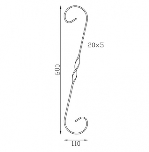 Volute en S, avec une torsade au centre, finition coupe droite, en fer forgé. Hauteur 600mm largeur 110mm en fer plat de 20x5mm. Fixation par soudure. Permet de décorer votre fabrication en fer forgé, portail, clôture, pergola, mais également permet de renforcer la sécurité, en diminuant le vide entre barreau, ou d'augmenter le soutien. Fourni brut, à peindre ou à vernir pour protéger contre la corrosion.