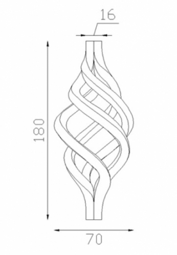 Torsade de barreaux carrés, en fer forgé. Compatible avec des barreaux de largeur 16mm. Hauteur de 180mm et Largeur de 70mm. Cet ornement habillera vos barreaux de grilles de défense, portails, escaliers par exemple. Fixation par soudure. Fournie brut, à peindre ou à vernir avec un produit adapté pour la protection contre la corrosion.