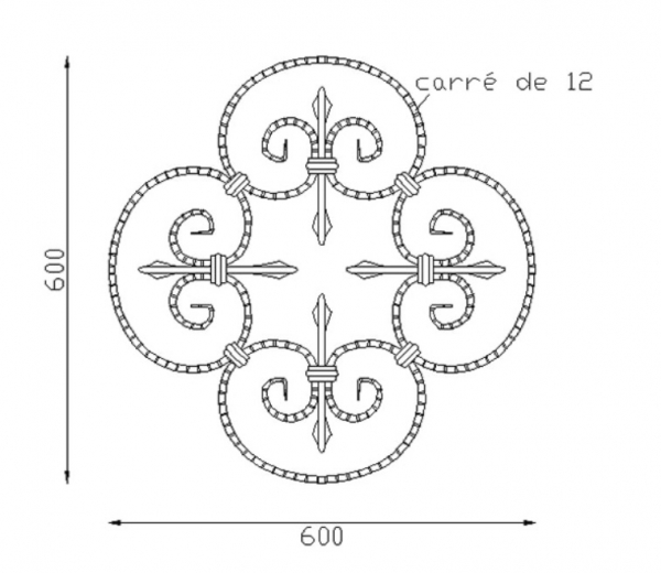 Volute en C finition coupe droite composition de 4 volutes avec tiges en forme de trèfle, en fer forgé strié. Hauteur 600mm Largeur 600mm section en carré de largeur 12mm. Fixation par soudure. Permet de décorer votre fabrication en fer forgé, portail, clôture, pergola, mais également permet de renforcer la sécurité, en diminuant le vide entre barreau, ou d'augmenter le soutien. Fourni brut, à peindre ou à vernir pour protéger contre la corrosion. Peut être présentée à l'horizontal ou à la vertical.