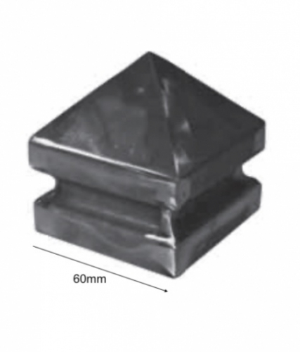 Chapeau couvre poteau, pour tube carré de 60x60mm, en fer forgé. Largeur 60mm Longueur 60mm. Se positionne au dessus de votre tube carré creux. Idéal pour permettre une finition élégante de vos poteaux de clôtures, ou garde corps, par exemple. Fixation par soudure. Livré brut, prêt à peindre ou à vernir. Existe en longueur 80x80mm (ref 15059005), en longueur 100x100mm (ref 19581) et en longueur 120x120mm (ref 19582).