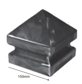 Chapeau couvre poteau, pour tube carré de 150x150mm, en fer forgé. Largeur 150mm Longueur 150mm. Se positionne au dessus de votre tube carré creux. Idéal pour permettre une finition élégante de vos poteaux de clôtures, ou garde corps, par exemple. Fixation par soudure. Livré brut, prêt à peindre ou à vernir. Existe en longueur 80x80mm (ref 15059005), en longueur 100x100mm (ref 19581) et en longueur 120x120mm (ref 19582).