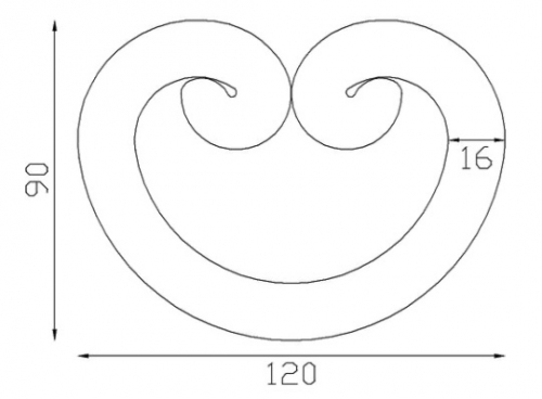 Volute en C fermé finition noyau, en fer forgé. Hauteur 120mm Largeur 90mm section en carré de largeur 16mm. Fixation par soudure. Permet de décorer votre fabrication en fer forgé, portail, clôture, pergola, mais également permet de renforcer la sécurité, en diminuant le vide entre barreau, ou d'augmenter le soutien. Fourni brut, à peindre ou à vernir pour protéger contre la corrosion. Peut être présentée à l'horizontal ou à la vertical.