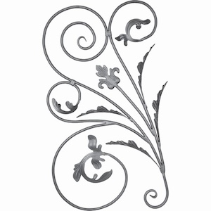 Panneau décoratif composé de nombreuses volutes avec finition feuilles, double face. Hauteur 900mm et Largeur 500mm avec profilé en rond de diamètre 12mm. Ce panneau décoratif peut être présenté à l'horizontale ou à la verticale, son utilisation est multiple: balcon, terrasse, fenêtre, balustrade... Fixation par soudure. Fourni grenaillé, à peindre ou à vernir.