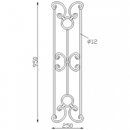 Décor composé de volutes et de cercles en fer forgé de 950mm de haut par 250mm de large.