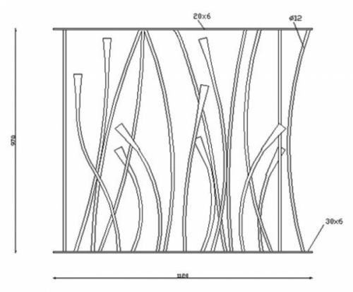 Panneau design et répétitif de 970mm de haut par 1100mm de long. La main-courante du haut est un plat simple de 20x6mm tandis que la barre du bas est un plat de 30x6mm. Finition à souder état brut 