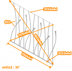 Panneau design et répétitif en modèle rampant de 1833mm de diagonal au plus long. La main-courante du haut est un plat simple de 20x6mm tandis que la barre du bas est un plat de 30x6mm. Finition : à souder et état brut. Angle d'environ 30°.