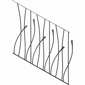 Panneau design et répétitif en modèle rampant de 1833mm de diagonal au plus long. La main-courante du haut est un plat simple de 20x6mm tandis que la barre du bas est un plat de 30x6mm. Finition : à souder et état brut. Angle d'environ 30°.