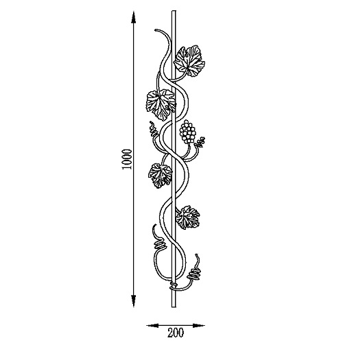     Barreau de style raisin avec une grappe de raisin et 4 feuilles de vigne d'une hauteur de 1000mm et d'une largeur de 200mm. En fer rond 16 mm forgé.