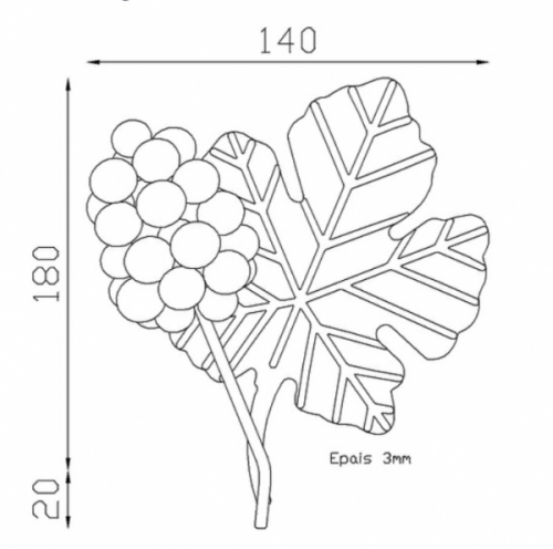 Décor représentant une grappe de raisins sur tige d'une hauteur de 180mm et d'une largeur de 140mm. En fer forgé.