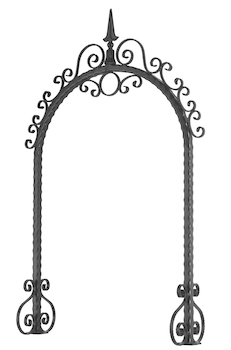 Dessus de puits en fer forgé. Hauteur de 1340mm par 810mm de largeur. Vide en poteaux de 650mm. Arc en tube en acier martelé de 30mm de section carré. Composé de volutes en section plate de 14x6mm et d’une pointe de lance.