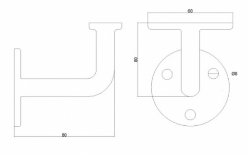 Support en équerre pour main courante en fer forgé. Hauteur 80mm largeur 60mm avec déport du barreau de 80mm. La base a trois trous qui permettent de la visser dans le support (mur). La platine a une épaisseur de 5mm et longueur de 60mm, le barreau est en rond plein de diamètre 12mm, il sera vissé ou soudé à votre fabrication en fer forgé ou en bois. Fourni brut, à peindre ou à vernir avec un produit adapté pour le protéger de la corrosion.