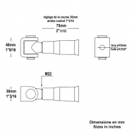 Gond charnière avec longueur réglable et tige filetée M22 a sceller coté poteau et a souder sur tube 40x40.