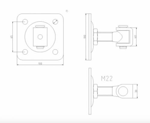 Gond sur platine avec écrou qui permet le réglage horizontal du portail à battant. Platine carrée de longueur 100mm, entre axe des 4 perçages 65mm, tige filetée en M22. Fixation côté portail sur tube de largeur minimum de 40mm et côté support à visser par 4 vis (non fournis). Les gonds sont indissociables des crapaudines ou des pivots qui permettent de faire pivoter le battant sur son axe.