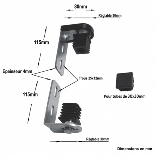 Pivot haut et bas à visser pour un tube 30mm. Réglage de 30mm. Livré avec : un gond haut en nylon sur axe en acier Ø19mm, un gond bas, une équerre de fixation haute en acier d'épaisseur 4mm, une platine de fixation basse en acier d'épaisseur 4mm, un bouchon nylon supplémentaire  pour un tube 30x30mm, un cache de protection. Charge maximale 100kg.