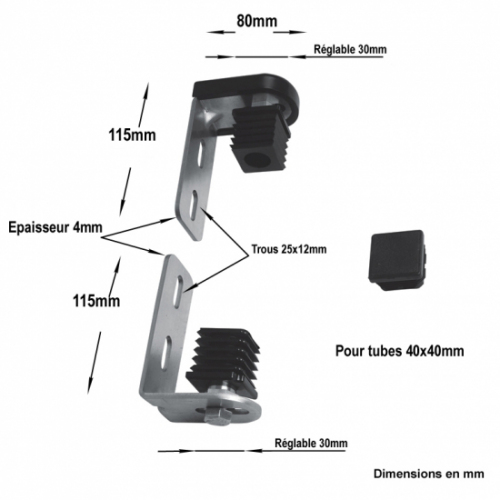 Pivot haut et bas à visser pour un tube carré de 40mm. Réglage de 30mm. Livré avec : un gond haut en nylon sur axe en acier de Ø19mm, un pivot bas en nylon sur axe en acier de Ø19mm, une équerre de fixation haute en acier d'épaisseur 4mm, une équerre de fixation basse en acier 4mm, un bouchon nylon supplémentaire  pour un tube 40x40mm, un cache de protection. Charge maximale 100kg.