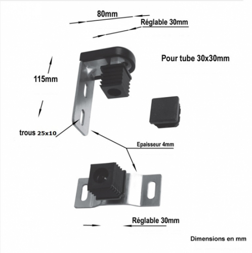 Pivot haut et bas à visser pour un tube de carré de 30mm extérieur. Réglage de 30mm. Livré avec un gond haut en nylon sur axe en acier Ø19mm, un pivot crapaudine bas en nylon sur axe en acie  Ø19mm, une équerre de fixation haute en acier épaisseur 4mm, une platine de fixation basse en acier 130x45mm et épaisseur 4mm, un bouchon en nylon supplémentaire  pour un tube 30x30mm, un cache de protection. Charge maximale 100kg.