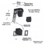 Pivot haut et bas à visser pour un tube de 40mm extérieur. Réglage de 30mm. Livré avec : un gond haut en nylon sur axe en acier de Ø19mm, un pivot crapaudine bas en nylon sur axe en acier acier Ø19mm, une équerre de fixation haute en acier d'épaisseur 4mm, une équerre de fixation basse en acier de 4mm, un bouchon en nylon supplémentaire  pour un tube 40x40mm un cache de protection. Charge maximale 100kg.