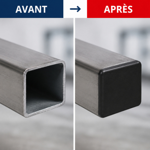 Bouchon, embout carré à ailettes, en polyéthylène. Hauteur totale 26mm Hauteur visible 5mm Largeur 40mm. Compatible avec des tubes carrés de section 40x40mm ayant une épaisseur de 1 à 3mm. Il sera utile en intérieur comme en extérieur dans de nombreux domaines (pied de chaise, clôture, rambarde, portail, obstruer les tubes pour les protéger des conditions d'utilisation en extérieur ....). Grâce à ses ailettes larges son utilisation sera facile (emboiter à l'aide d'un maillet si besoin). Différentes dimensions existent.