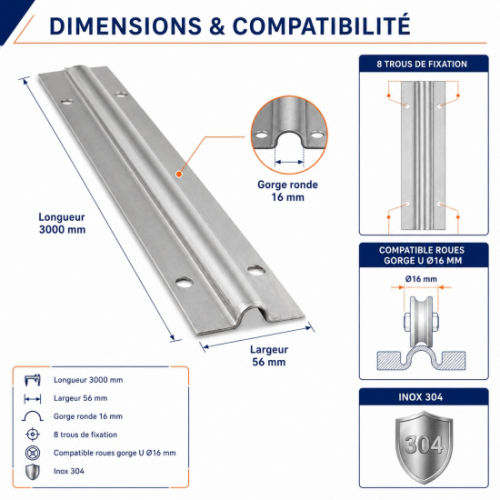 Rail à visser gorge U Ø16 - Long 3000 mm - INOX 304 - ep.2mm . A utilser avec l'ensemble de la gamme de roue de portail gorge en U Ø16mm - En inox idéal pour les régions en bord de mer. Comporte 8 trous de fixation. Visserie non fournie.