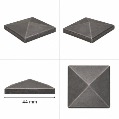 Couvre poteau et pilastre de forme chapeau carré, en acier standard de construction. Largeur et longueur 44mm Hauteur 15mm. Convient pour un tube carré de 40x40mm. Fourni brut prêt à peindre ou à vernir pour protéger contre la corrosion. Permet l'étanchéité de votre tube de portail ou poteau de clôture par exemple.