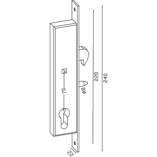 Serrure à crochet pour portail coulissant, en acier zingué. Hauteur 240mm longueur 36mm largeur 22mm. Livré avec son cylindre (60mm de long). A assembler avec un tube de 40x40. Compatible avec une poignée d'axe carré de 8mm.