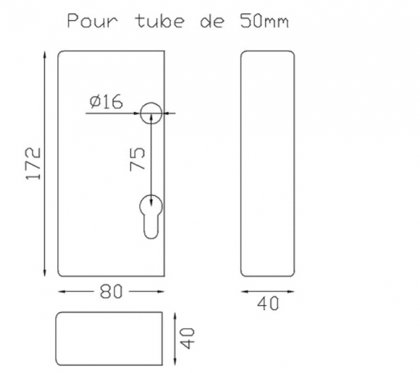 Boitier couvre serrure pour tubes de 50x50mm, en acier zingué. Hauteur 172mm Longueur 80mm Largueur 40mm. Convient pour la réalisation de portail coulissant. Compatible à la serrure à crochet référence 19271.