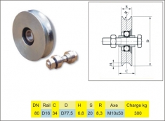 Roue à gorge ronde ou en U de diamètre 80mm. Vendue avec son axe de fixation. Charge maximum 300kg. Compatible avec le rail 19192.