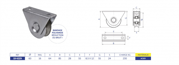 Roue à gorge en U d'un diamètre de 60mm. Bandage polyamide. Système anti-pincement. Support extérieur. A utiliser avec un rail Ø16. Charge maximum 100KG.