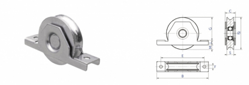 Roue à gorge en U Ø80  Gorge ronde de 16 mm - INOX - support int. A encastrer dans un tube. Charge maximum supportée de 200KG.