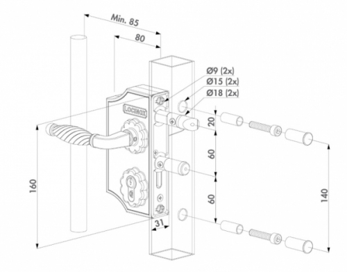 Serrure pour portails compatible avec des tubes de 40x40mm à 50x50mm. Livrée brute avec cylindre et poignée. En aluminium